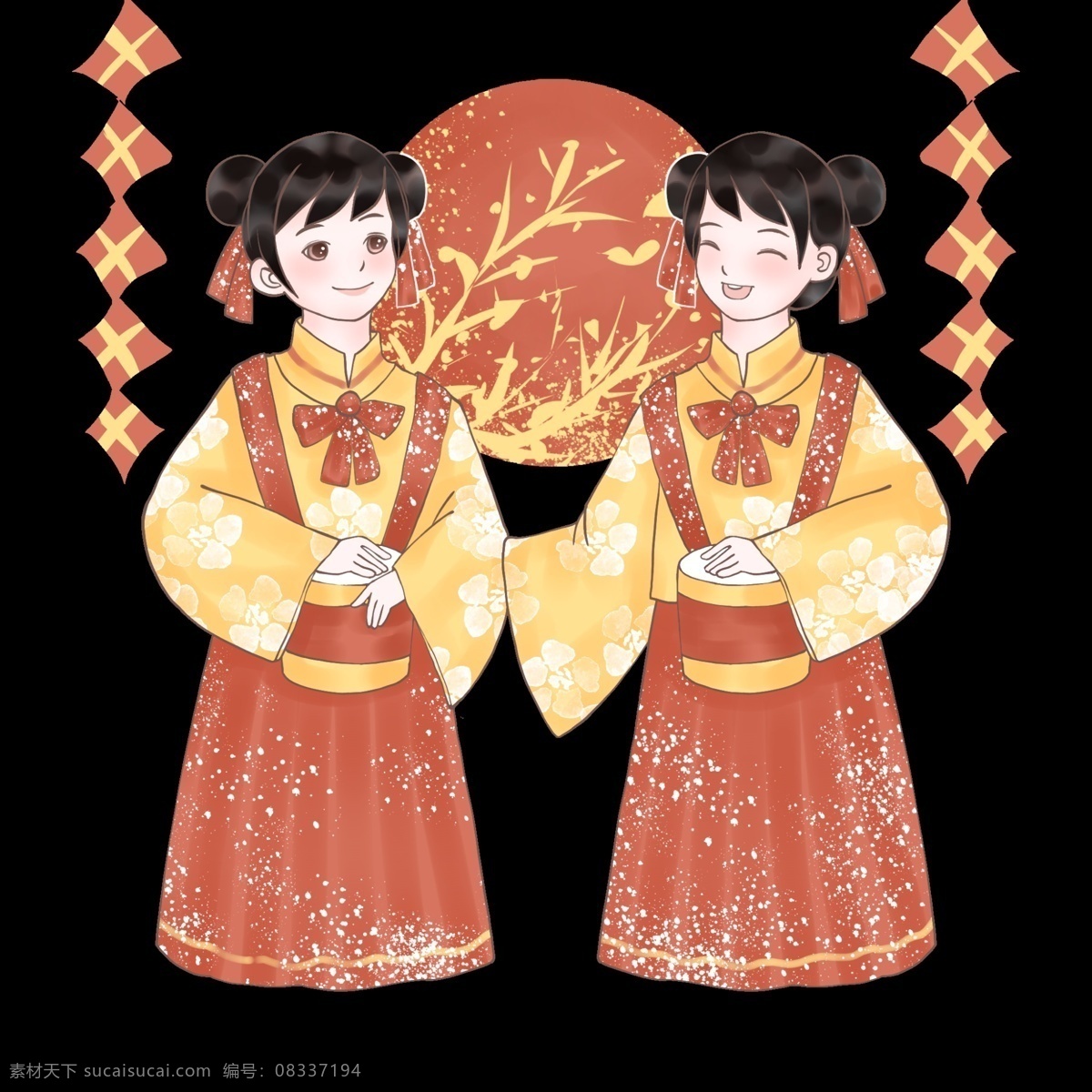 猪年 敲锣打鼓 贺 新年 新年快乐 新中式 中国风 红色 手绘卡通人物 猪年吉祥 2019 农历