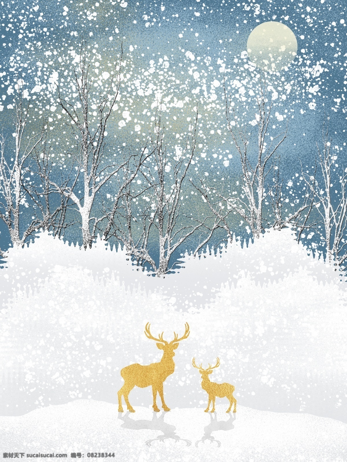 浪漫 夜晚 丛林 飘 雪 鹿 装饰画 立体画 客厅装饰画 一联画 飘雪 一对鹿