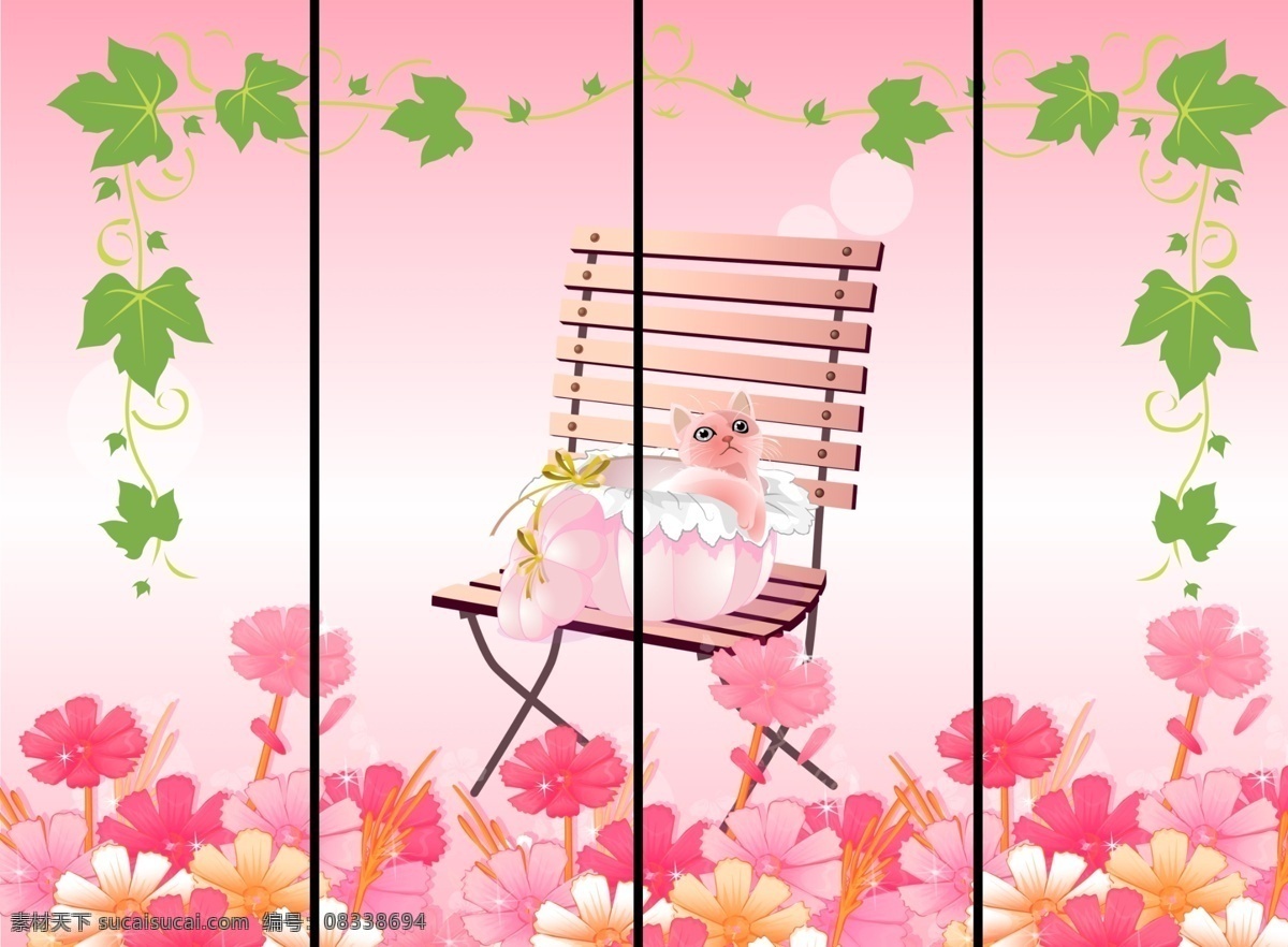 移门 猫 花 背景 广告设计模板 花朵 绿叶 移门图案 移门猫与花 椅子 源文件 装饰素材