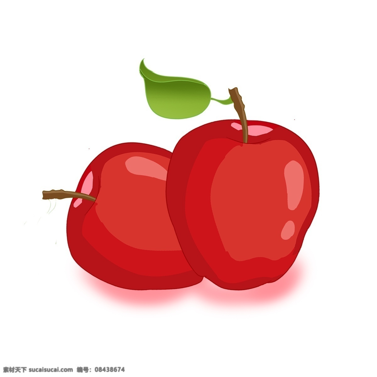 花牛 苹果 中国 风 红色 手绘 水果 绿色 蛇果 两个 整个 深红色 叶子 浅色 粉色 晕染 贴画