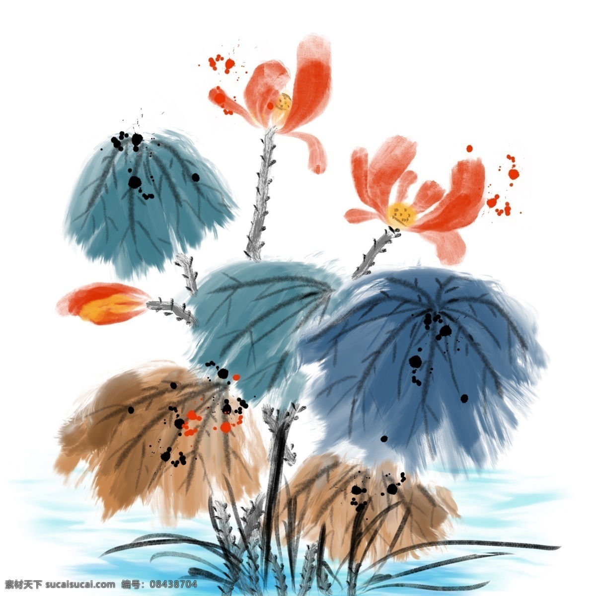 水墨 漂亮 荷花 插画 漂亮的荷花 水墨荷花 花朵 花卉 植物 红色荷花 花枝 绿色荷叶 水墨画插画