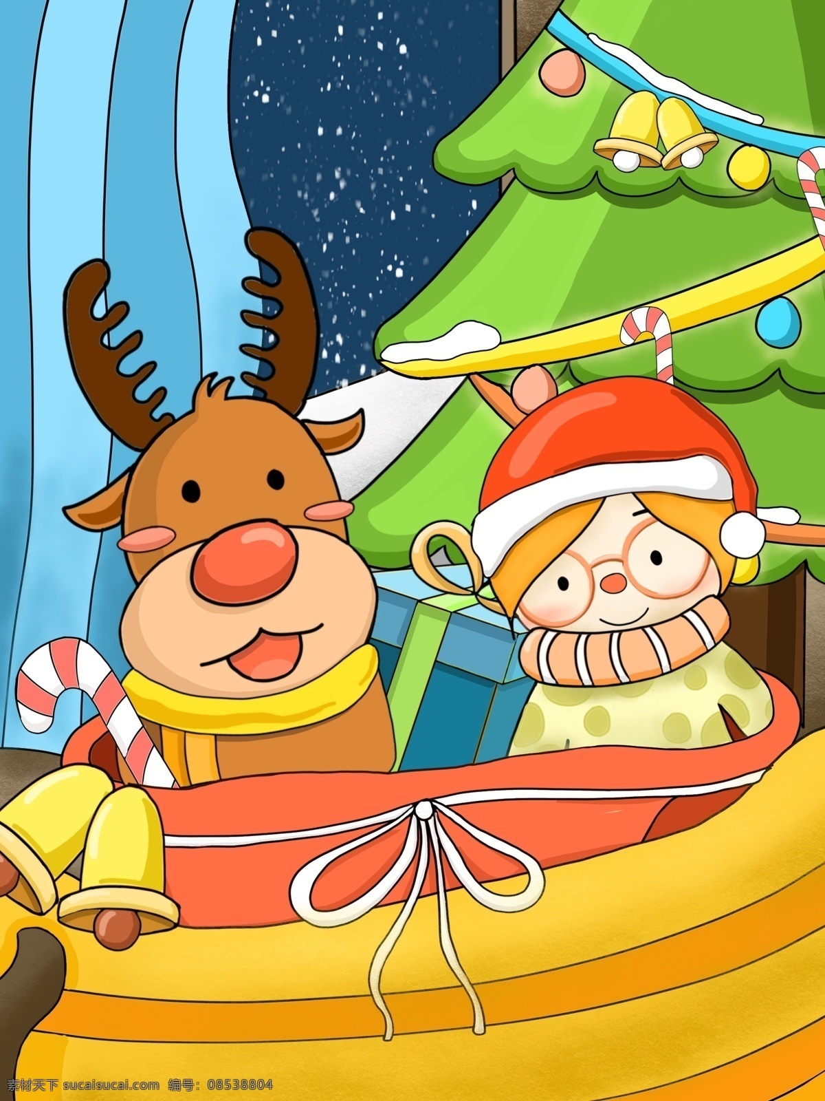 圣诞节 礼物 女孩 麋鹿 圣诞树 雪景 窗帘 铃铛 彩花 雪橇 圣诞袋 礼物盒 棒棒糖