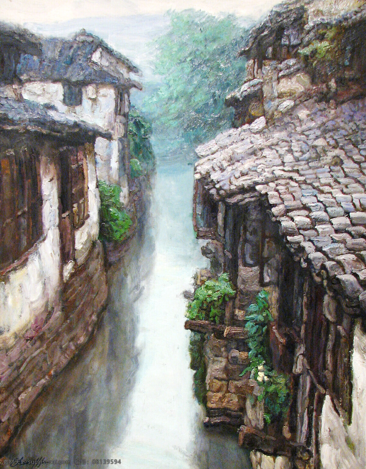 村庄 风景画 绘画书法 美术 山岭 树林 树木 水乡古屋 油画 现代油画 乡村 水乡 老房屋 水涌 天空 油画艺术 油画作品8 文化艺术