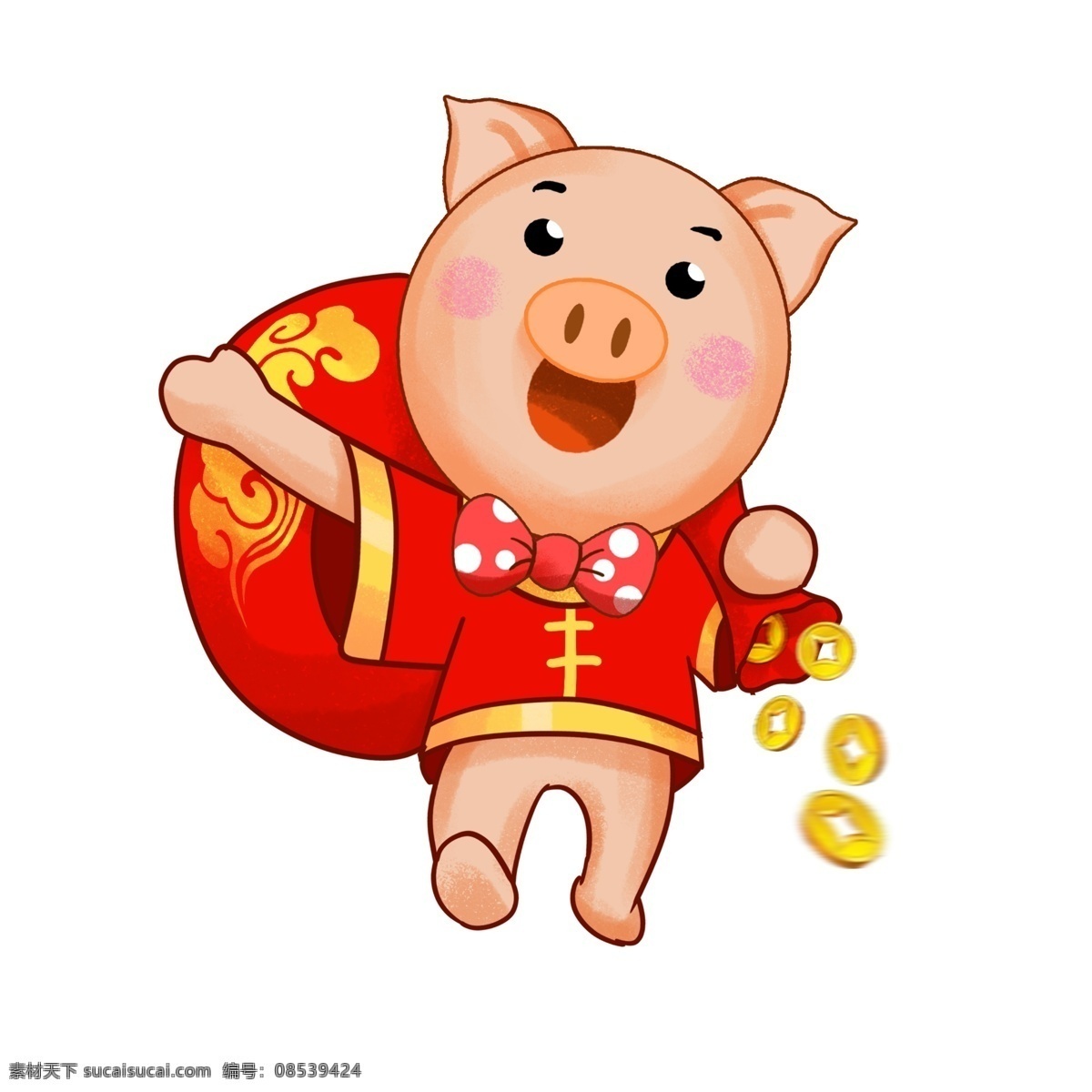 送 金币 可爱 小 猪 新年快乐 恭喜发财 小猪 红色 黄色 金猪祝福 可爱猪猪 金色钱币 2019 抗 袋子