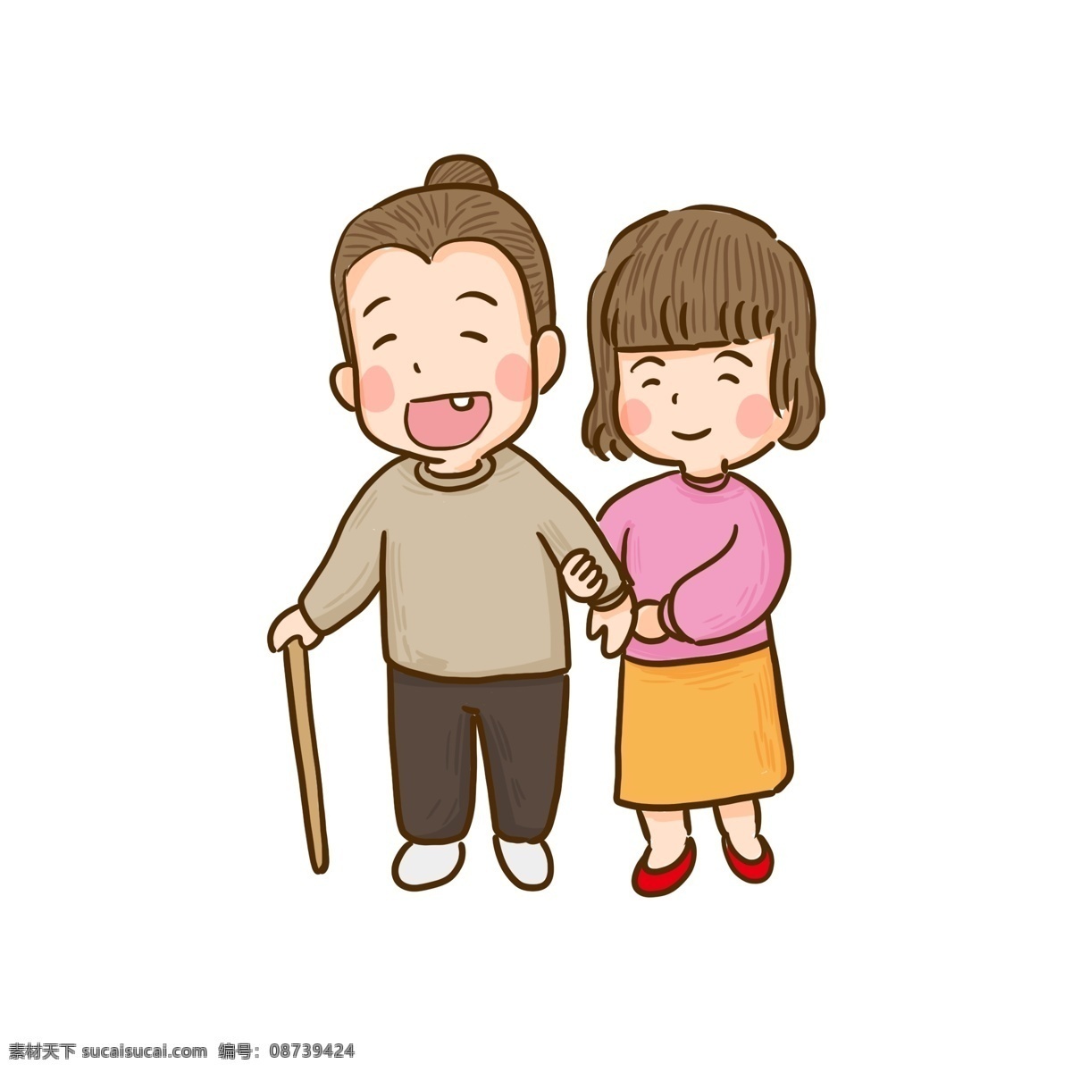 卡通 扶 老奶奶 孙女 插画 漫画 人物 女孩 女儿 搀扶 孝道 道德