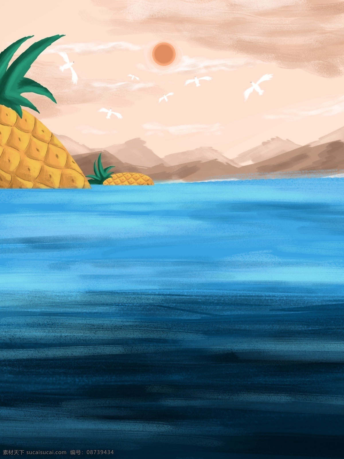 彩绘 菠萝 大海 背景 蓝色 海洋 背景图 创意 热带水果 广告背景 彩绘背景 通用背景 特邀背景 背景展板图