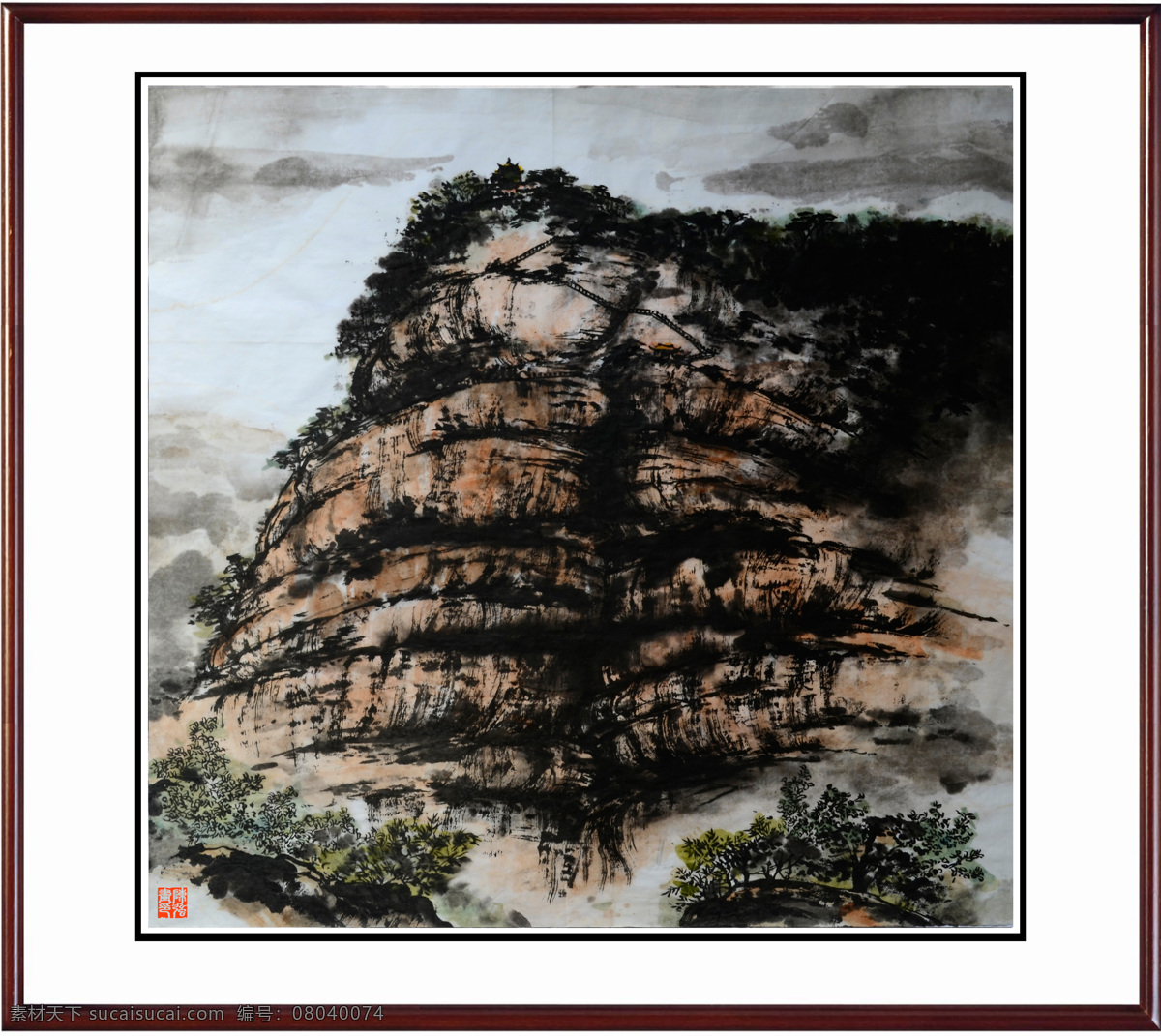 国画山水 绘画书法 山峰 山水画 树木 文化艺术 小树 赤山雄姿 中国画 纸本设色 丹霞山 奇山 长老峰 石 杂树 红石 印章 陈强 国画作品 装饰素材 雕刻 图案