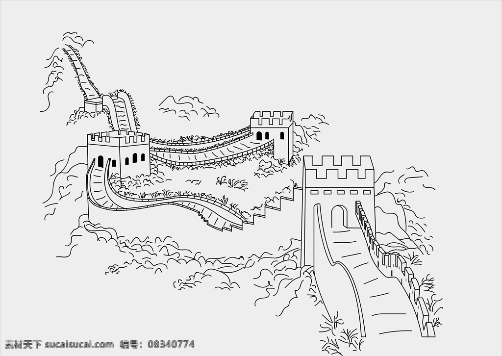 长城线稿 长城 长城浮雕线稿 长城黑白 浮雕壁画 万里长城 手绘长城 线稿长城