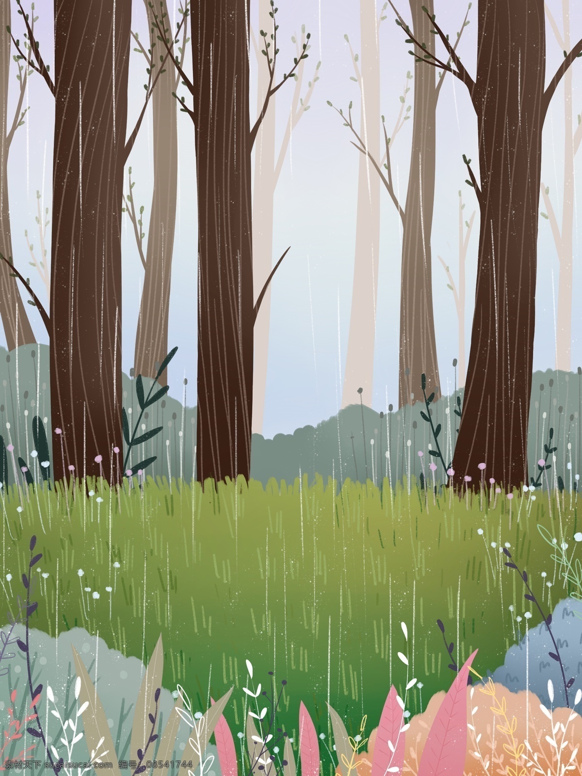 雨季 治愈 系 植物 树林 插画 背景 卡通背景 彩色背景 树木背景 插画背景 广告背景 背景素材