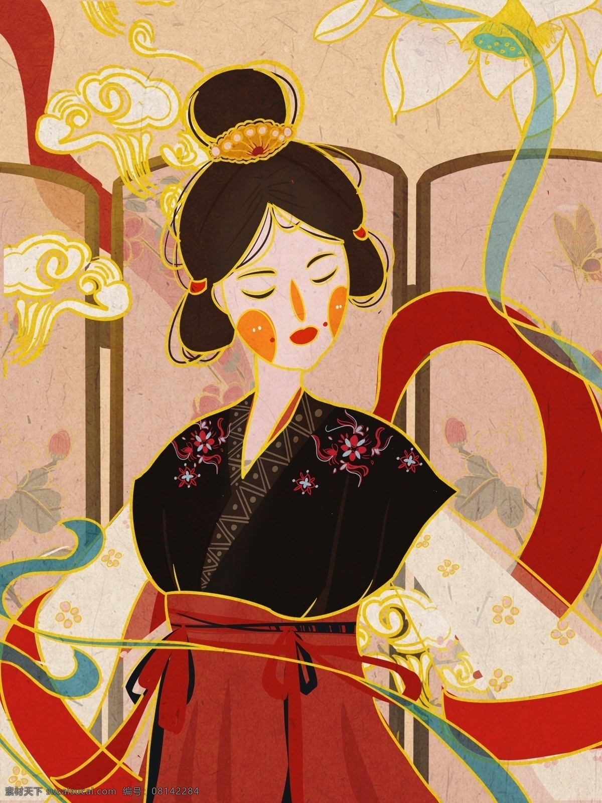 国 潮 古代 女孩 屏风 前 跳舞 插画 国潮 中国风