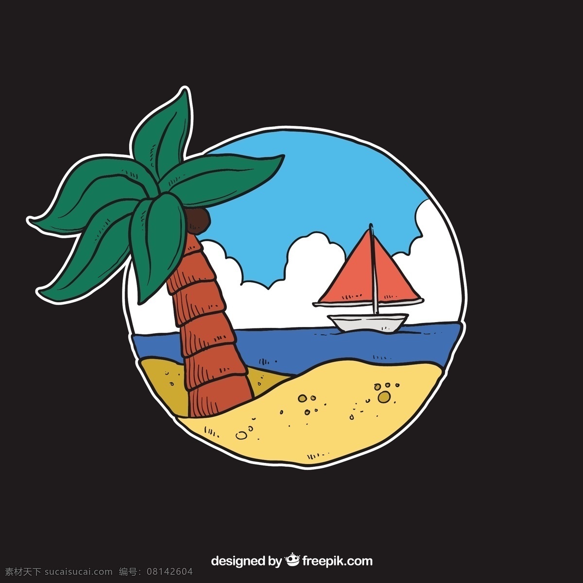海滩插图 夏天 海滩 小船 棕榈树 棕榈 插图 沙滩 夏季