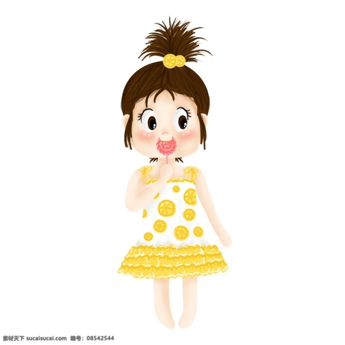 春天 夏天 海边 沙滩 度假 泳衣 吃 糖 女孩 手绘 插画 吃糖 黄色 裙子 棒棒糖 可爱 萌 清凉 大海 女子 儿童