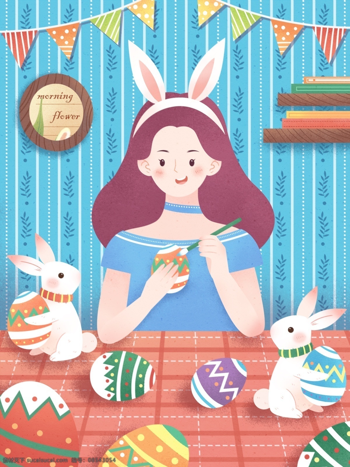 原创 复活节 插 画画 彩蛋 女孩 兔子 可爱 彩色 人物 少女 商业插画 壁纸 桌面
