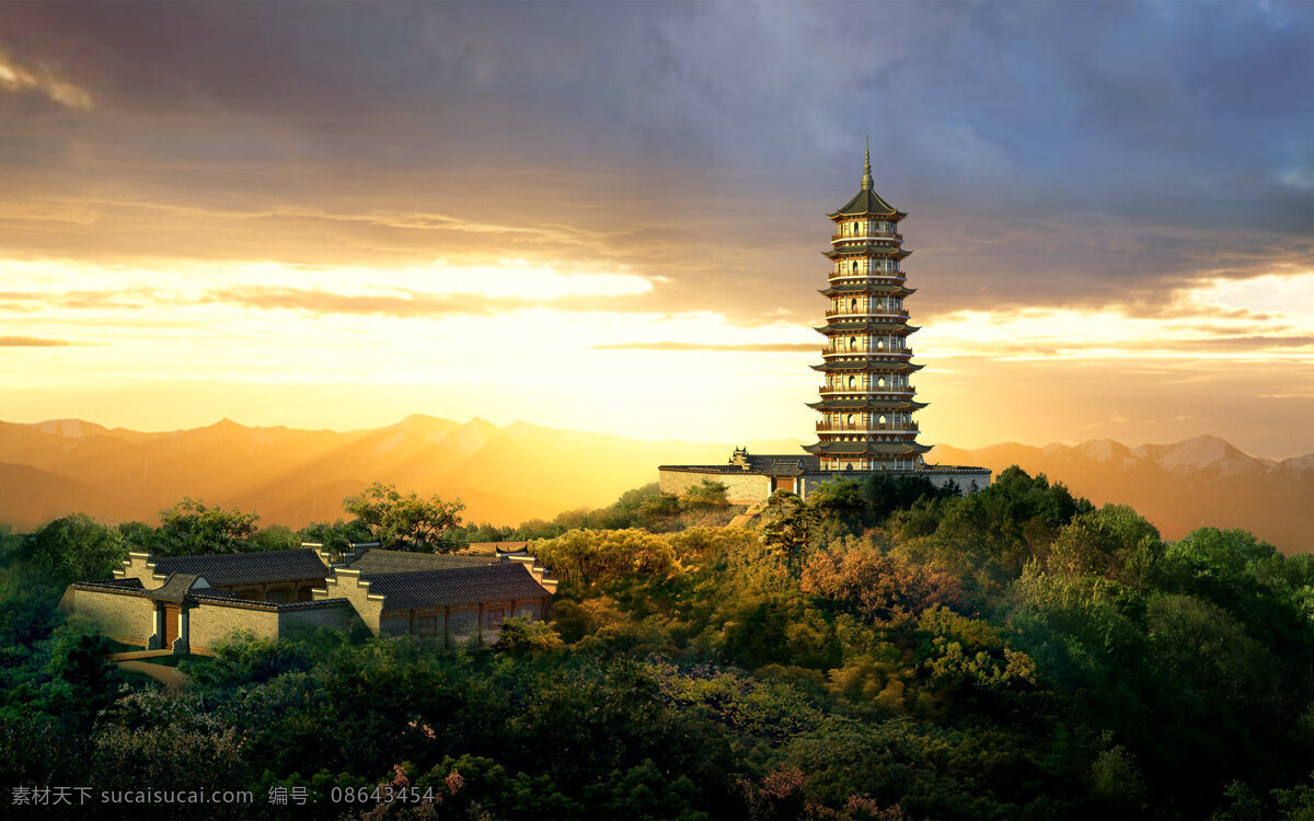 宝塔 古建筑 黄昏 夜色 小院 自然景观 建筑园林