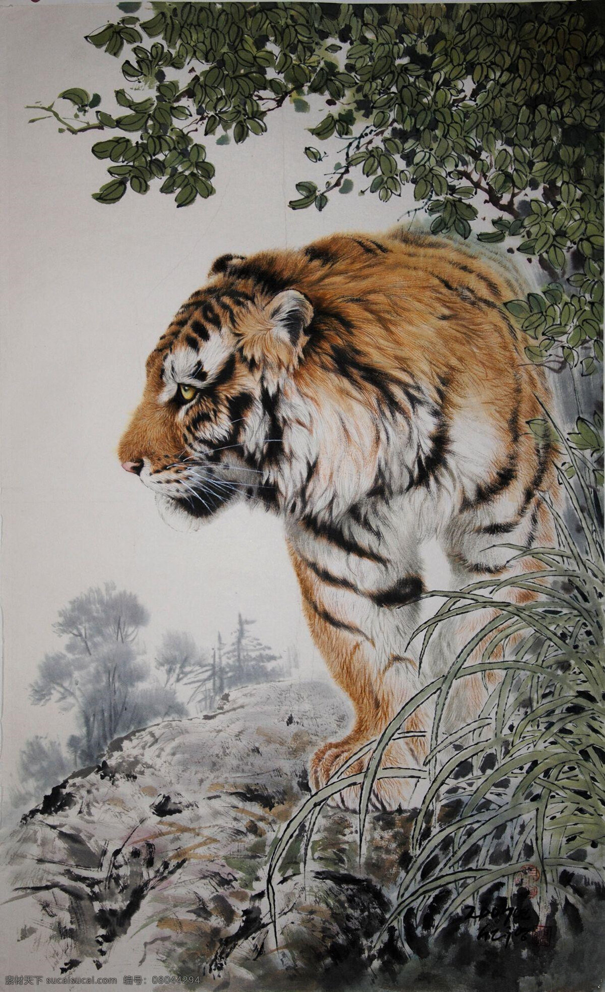 国画虎 花鸟走兽 工笔 现代 国画艺术 文化艺术 绘画书法 灰色