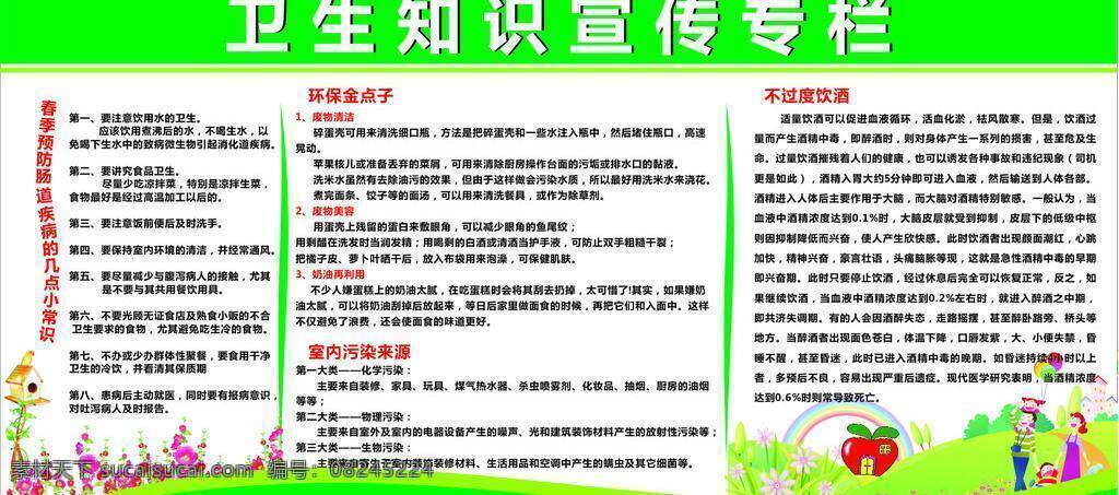 卫生知识 宣传 环保 卡通 绿色 卫生知识宣传 展板模板 环保金点了 过度饮酒 春季预防知识 室内污染来源 矢量 其他展板设计