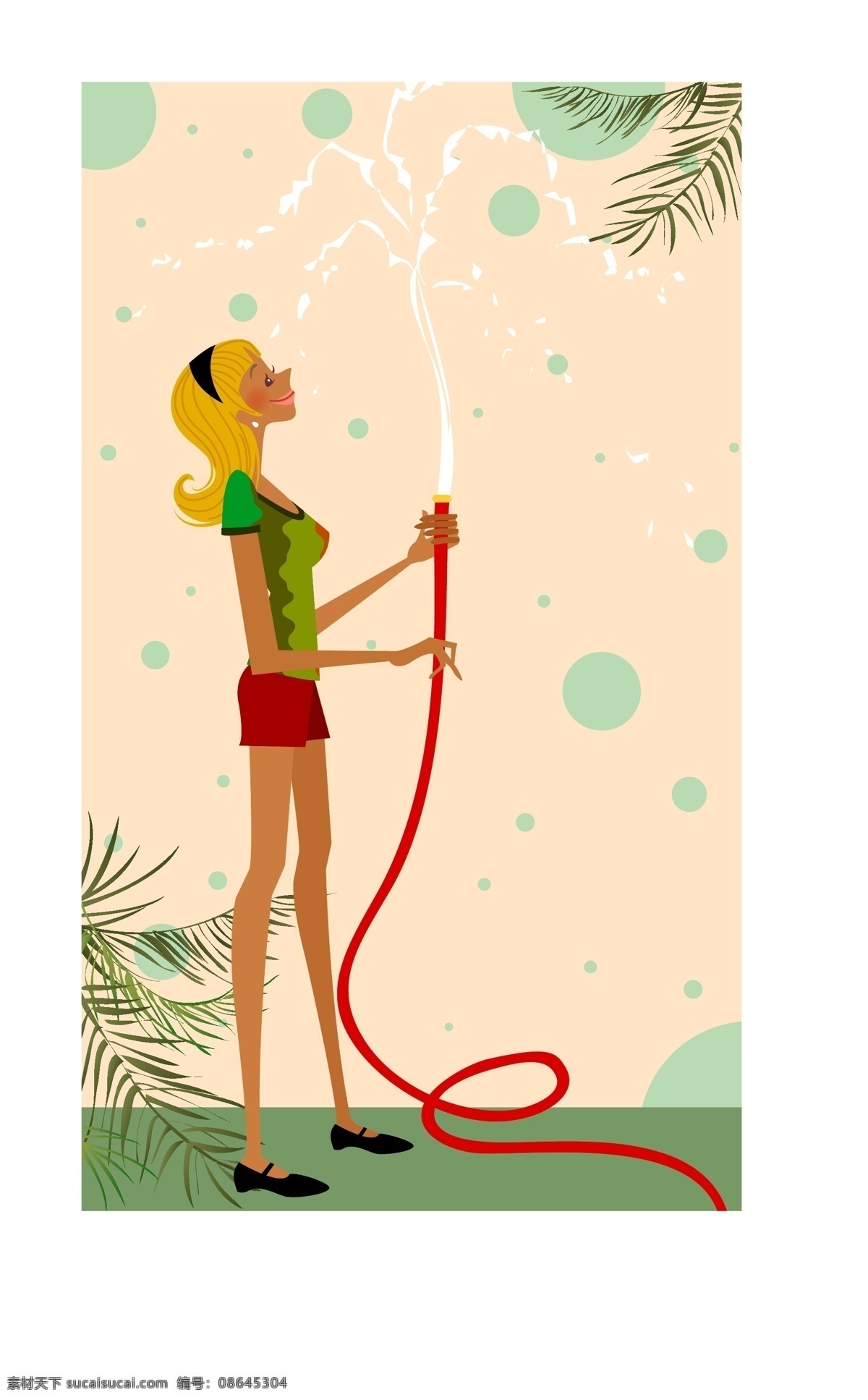 我爱 劳动 矢量图 草地 女孩 喷水 树叶 水管 植物