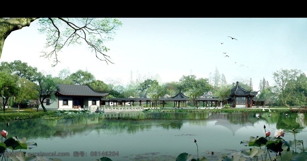 古建 景观 效果图 湖 自然景观 建筑园林