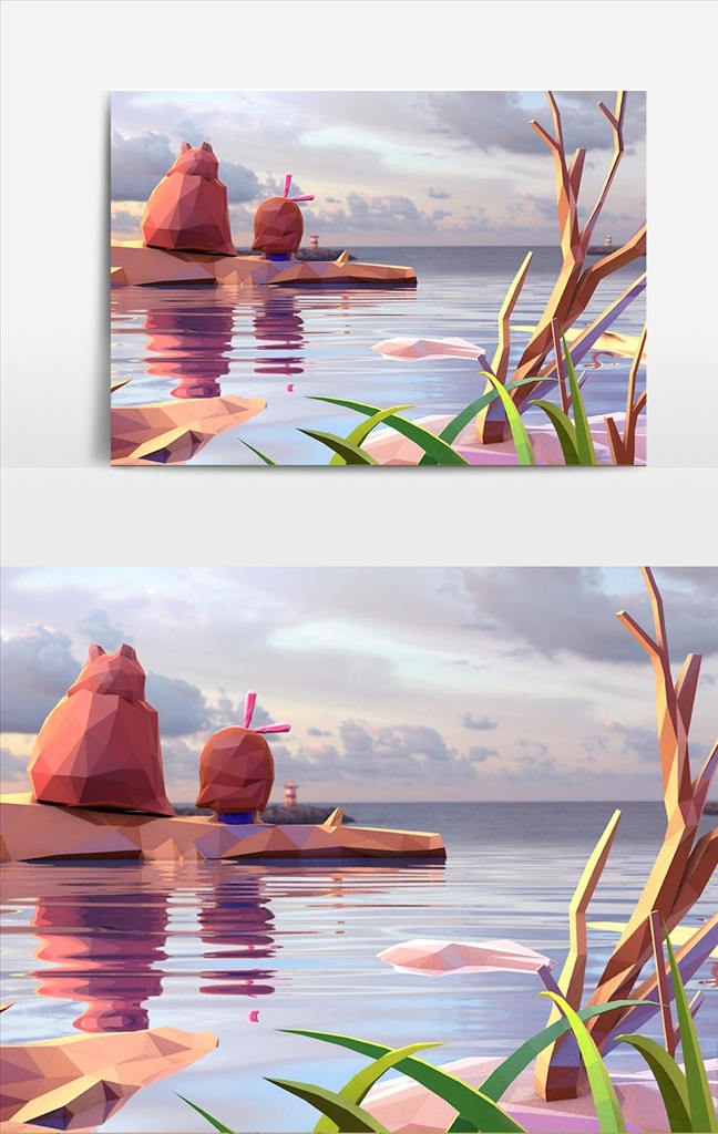 c4dlowpoly 傍晚 湖边 c4d lowpoly 场景 模型 3d设计 3d作品