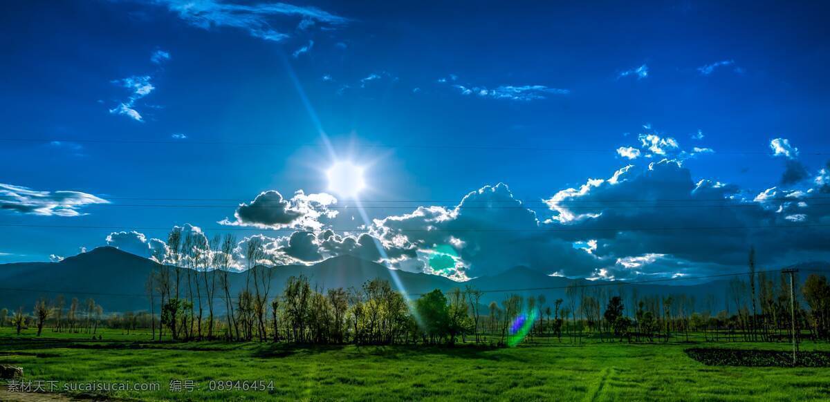 天空草地 天空 草地 树木 云朵 阳光 蓝天 自然景观 自然风景