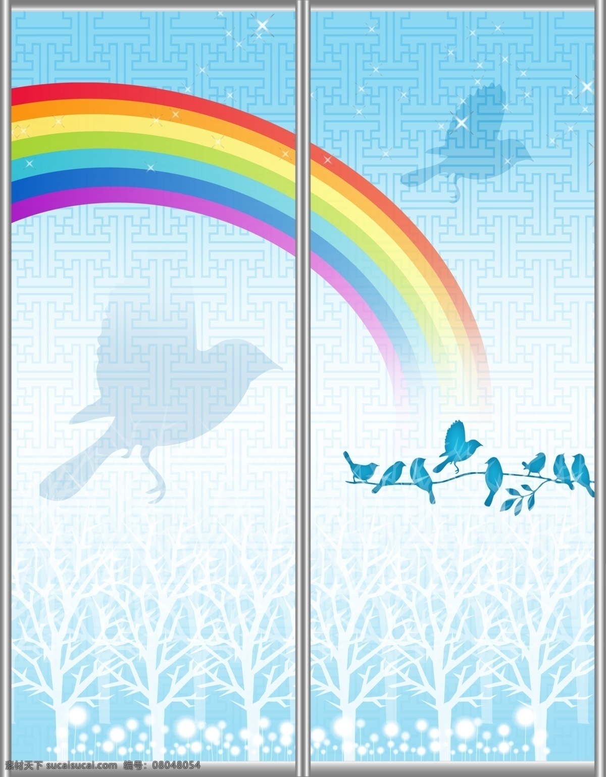 彩虹 广告设计模板 卡通 可爱 小鸟 小树 移门 移门图 图案 模板下载 移门图案 移门汇 枝头 源文件 家居装饰素材