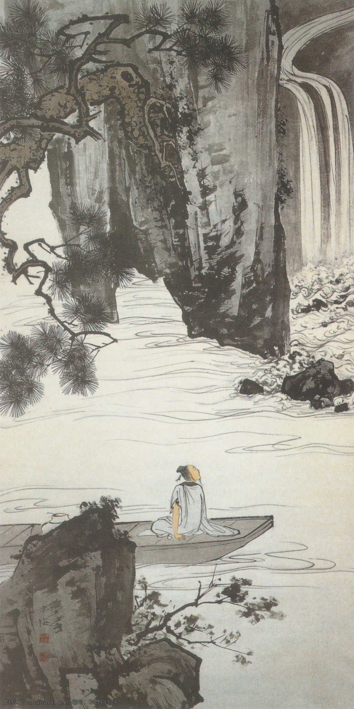 太白 观 瀑 图 诗人 水 山 水墨画 灰色