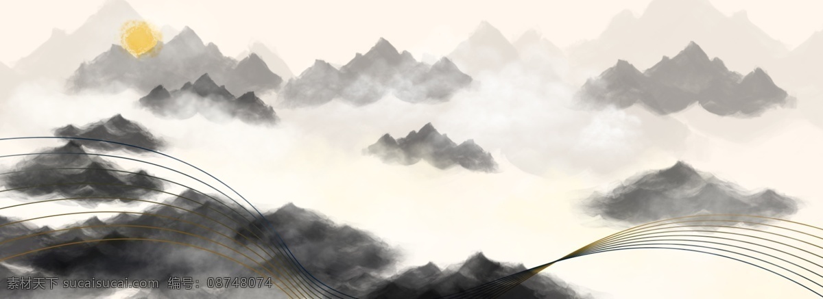 中国 水墨 远山 云雾 缭绕 日出 背景