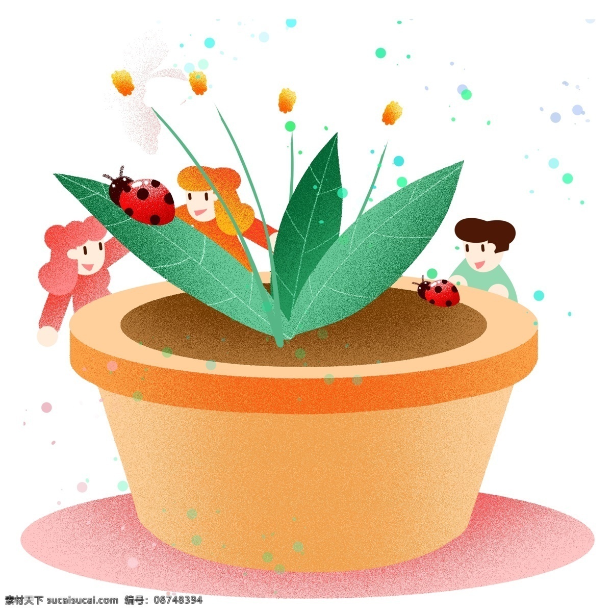 二十四节气 立春 开花 插画 春暖花开 七星瓢虫 春季 春天 初春 男孩女孩 小清新 免扣png
