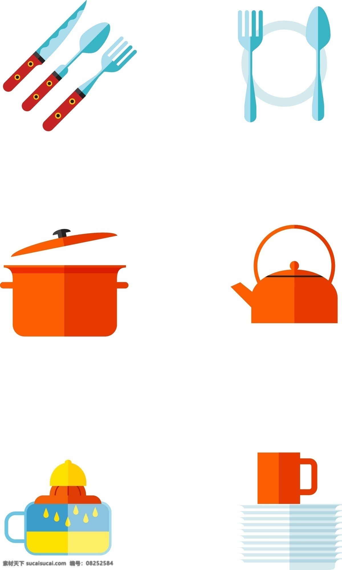 相关 厨房 厨具 插画 图标 扁平化 拟物 餐具 刀叉 锅 煲水壶 油瓶 碟子 红色系 有趣的 可爱的