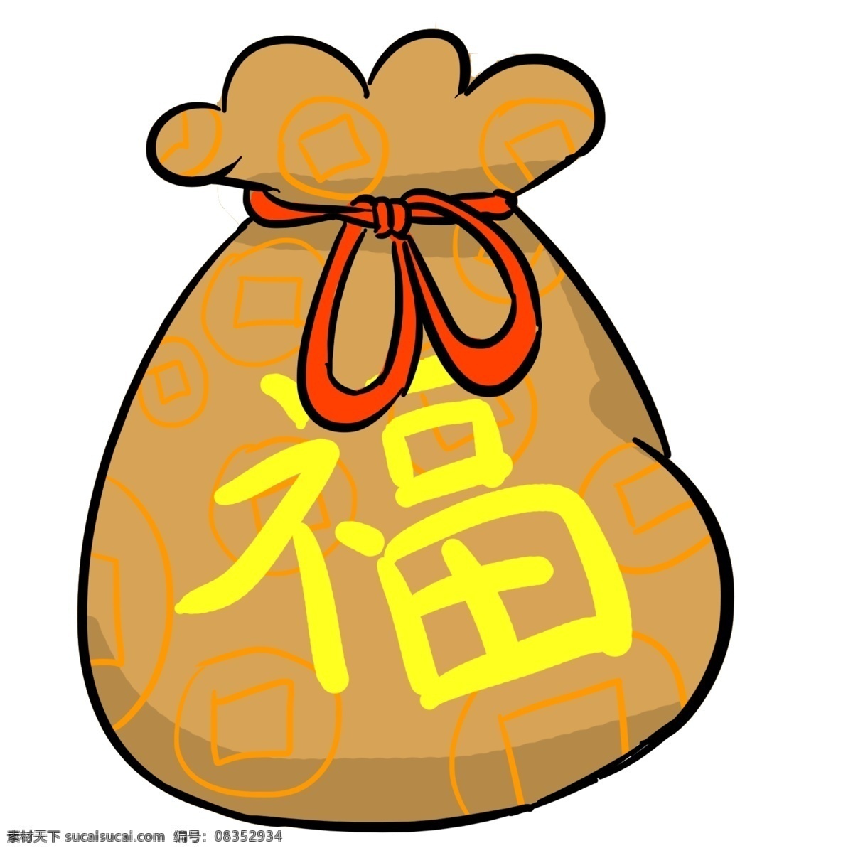金色 手绘 新年 福 袋 元素 创意 包装 绳子 线稿 福袋 装饰 卡通 插画 可爱 财富 钱币