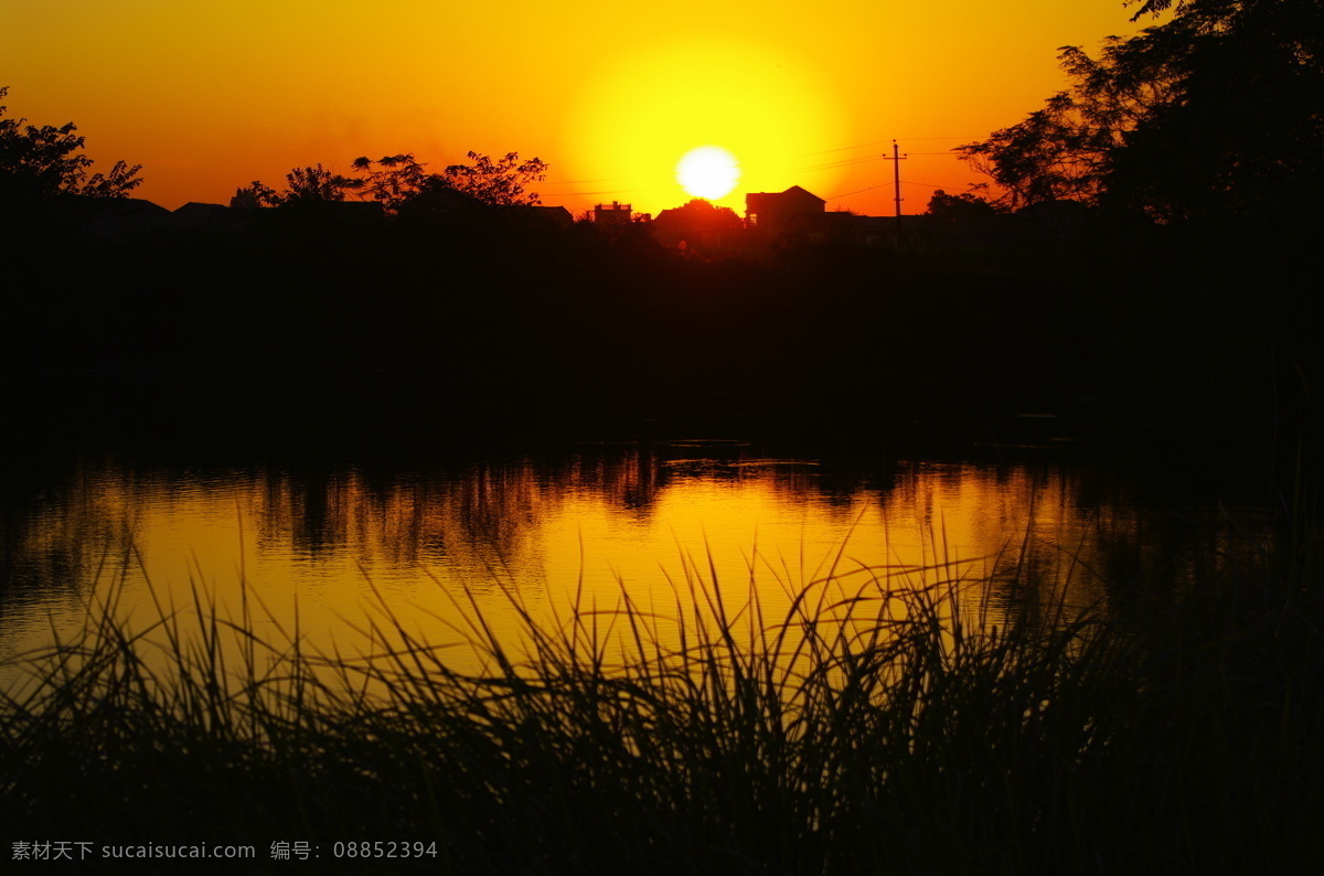 田园 夕阳 剪影 倒影 风光摄影 风景 水面 唯美 田园夕阳剪影 自然风景 自然景观 psd源文件