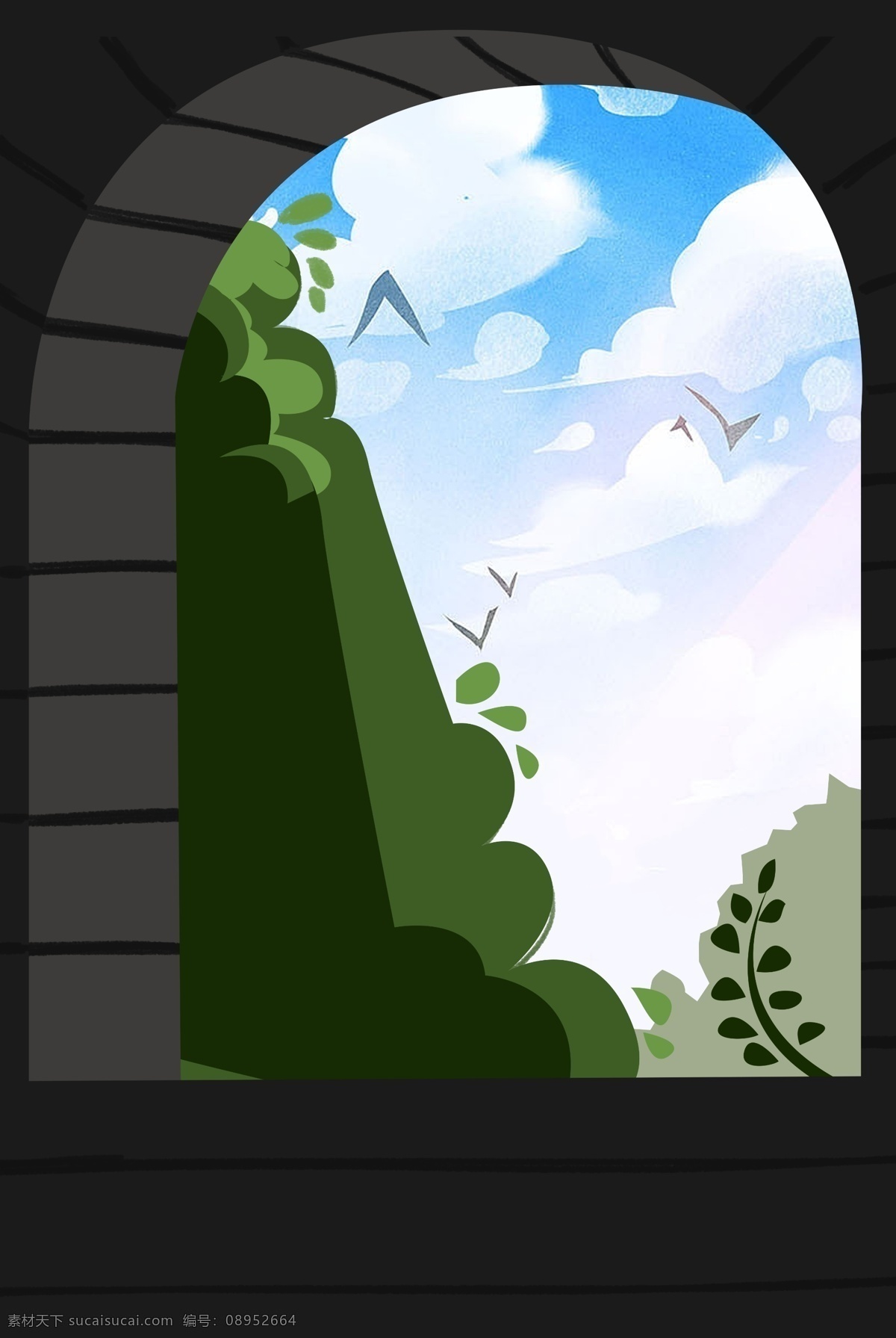 灰色 创意 风景 隧道 背景 景色 可爱 蓝天 白云 植物 树叶 飞鸟