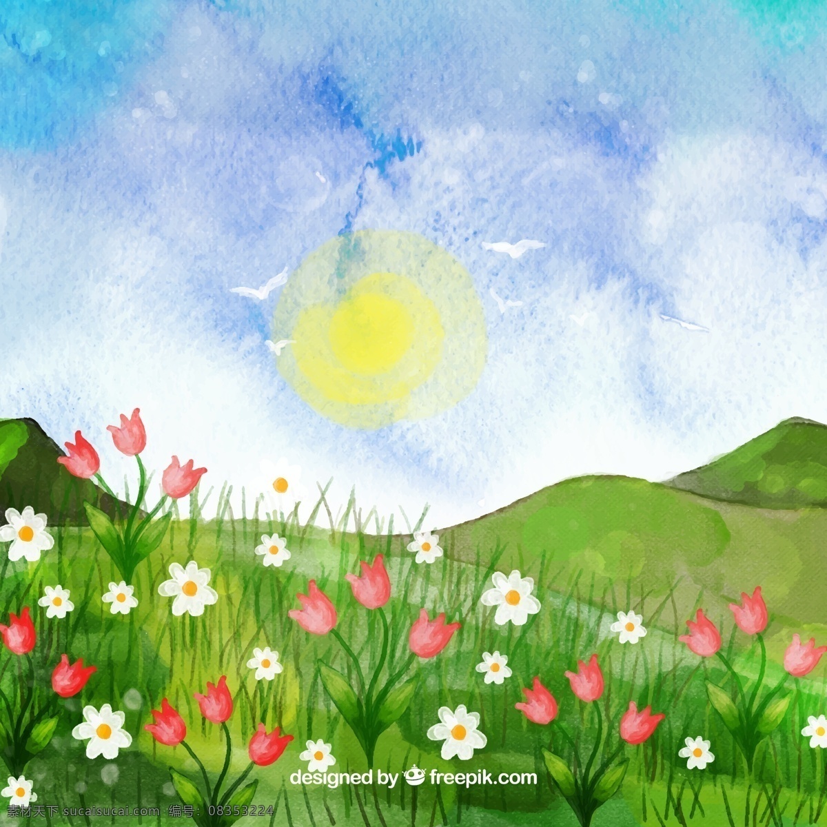 水彩 绘 郊外 野花 风景 矢量 山路 草地 花丛 云朵 水彩画 矢量图
