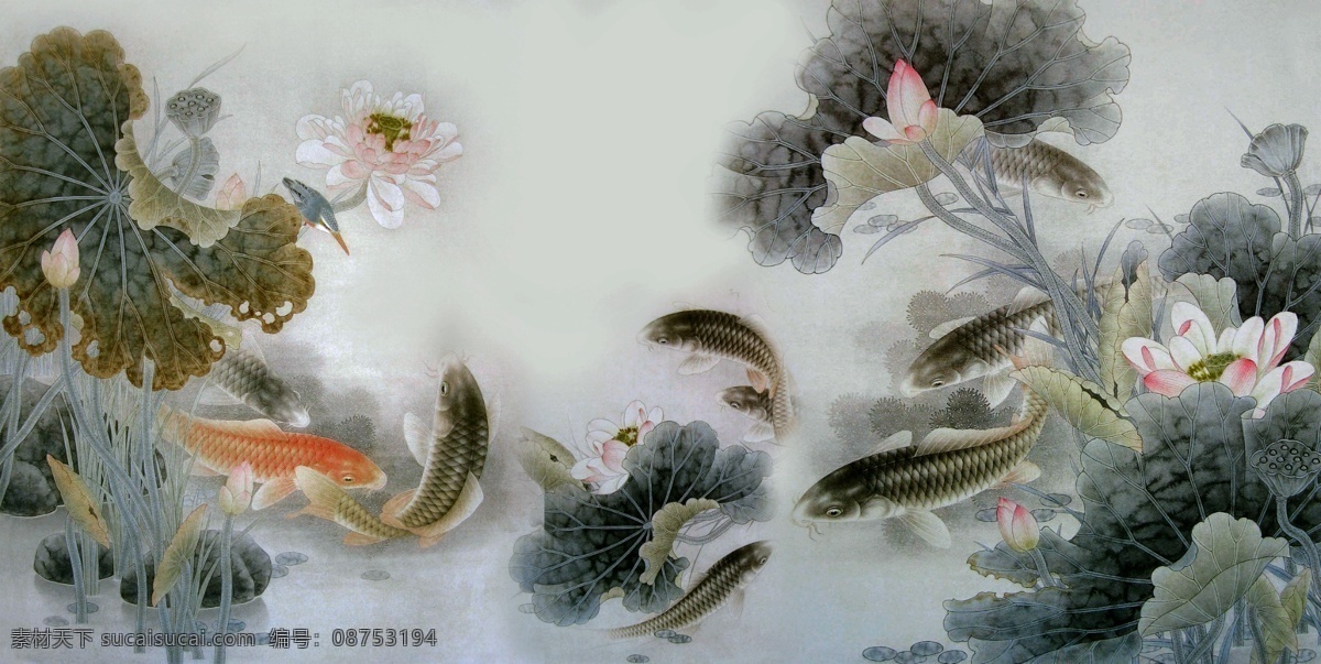 水墨荷花 水墨画 荷花 背景墙 壁画 山水 分层 鱼 水墨鱼 灰色
