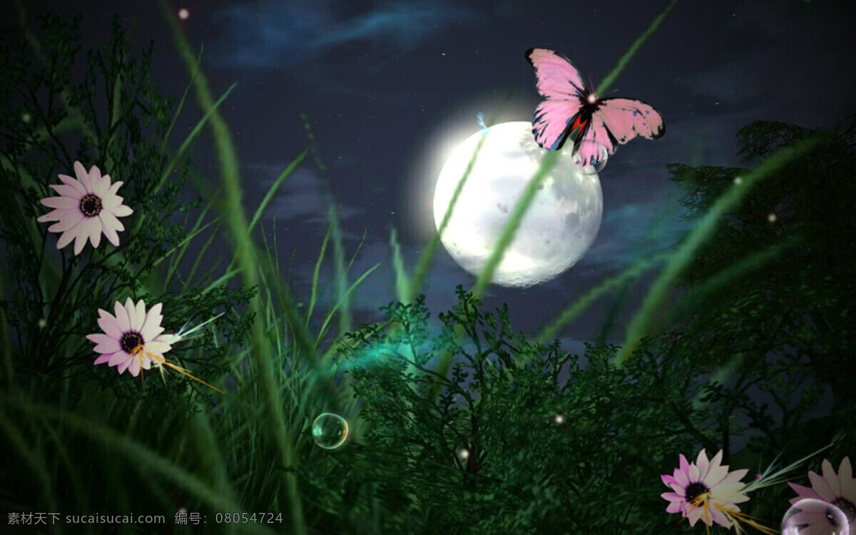 美丽 夜景 背景 蝴蝶 花朵 卡通景色 美丽花朵 夜晚景色 唯美夜色 背景图片