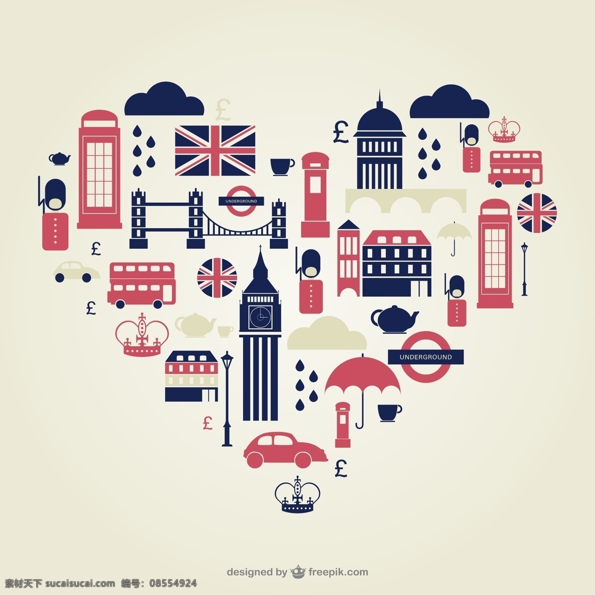 心 型 伦敦 旅游 元素 背景 矢量 大本钟 双层巴士 电话亭 英国国旗 图标 心形 矢量图