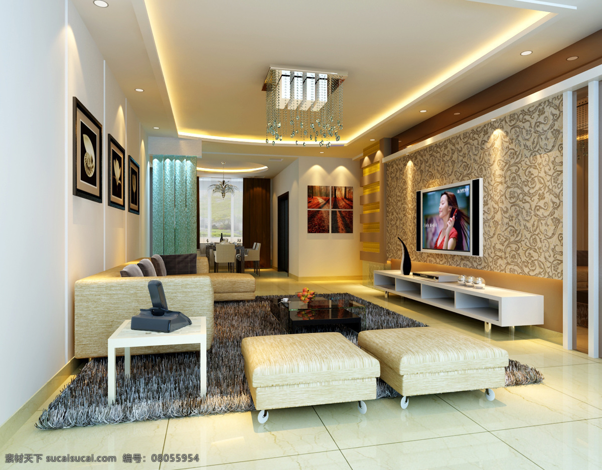 家居 客厅 模型 3d模型 电视机 沙发茶几 时尚客厅 max 灰色