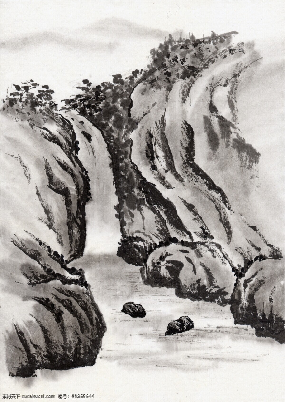 水墨画 瀑布 山水画 山间小溪 文化艺术