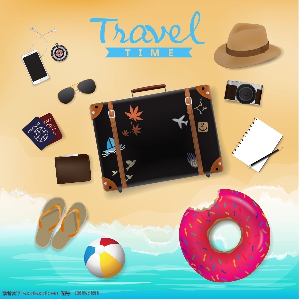 款 夏季 沙滩 上 度假 物品 矢量图 大海 旅行箱 帽子 夏天 游泳圈