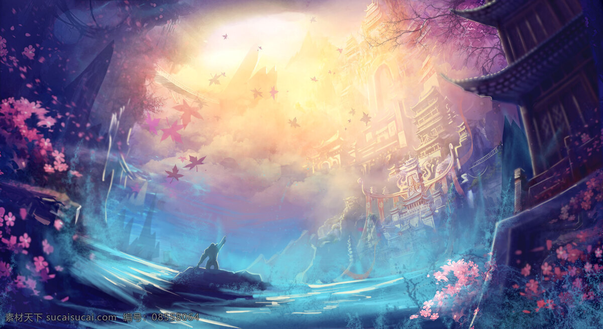 游戏背景图 梦幻 仙境 花瓣 人物 天空 紫色 蓝色 山峰 动漫 游戏背景 建筑 楼阁