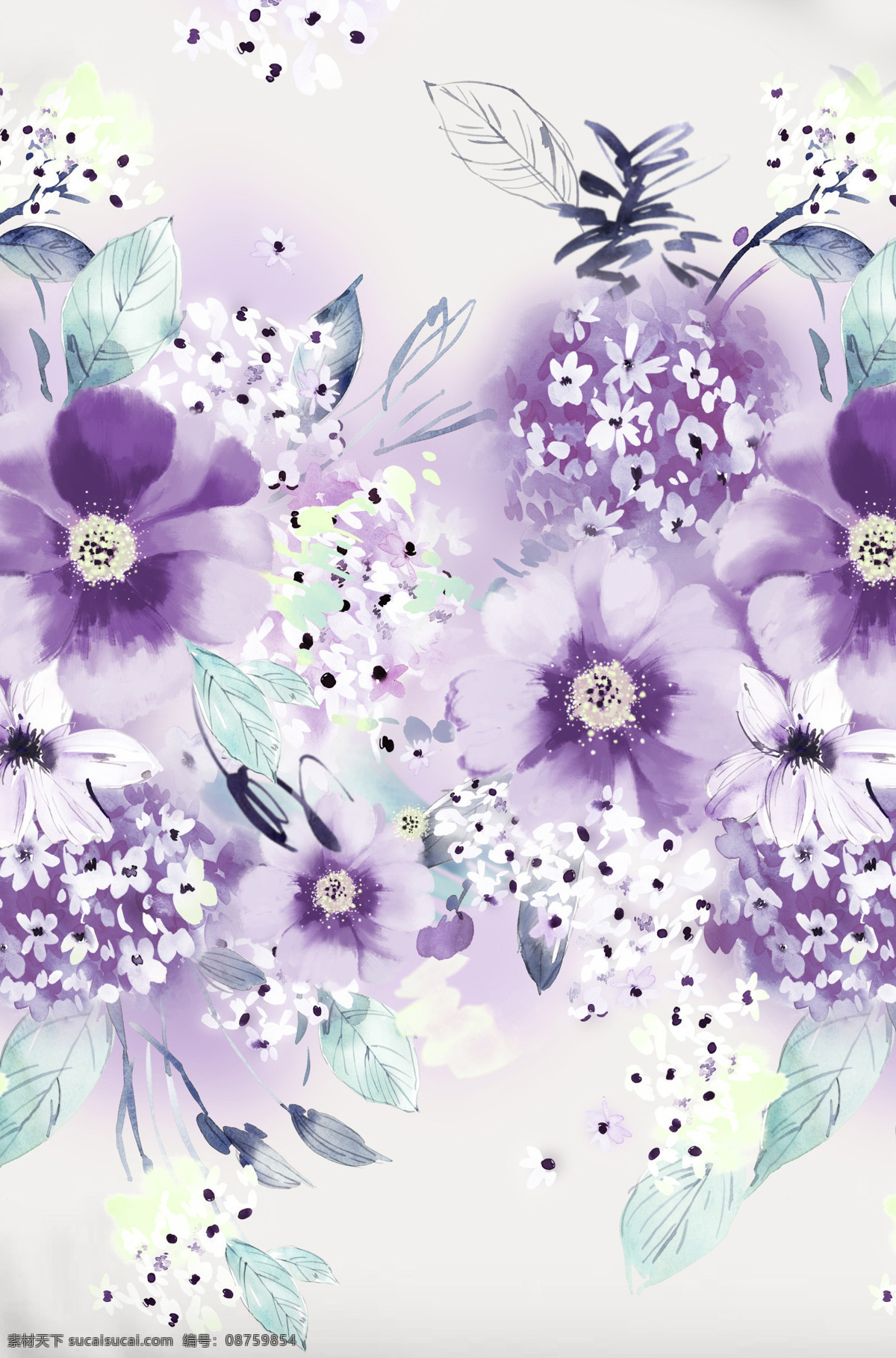 紫藤花手绘花 高清素材 手绘花 水墨画 花卉 晕染 白色