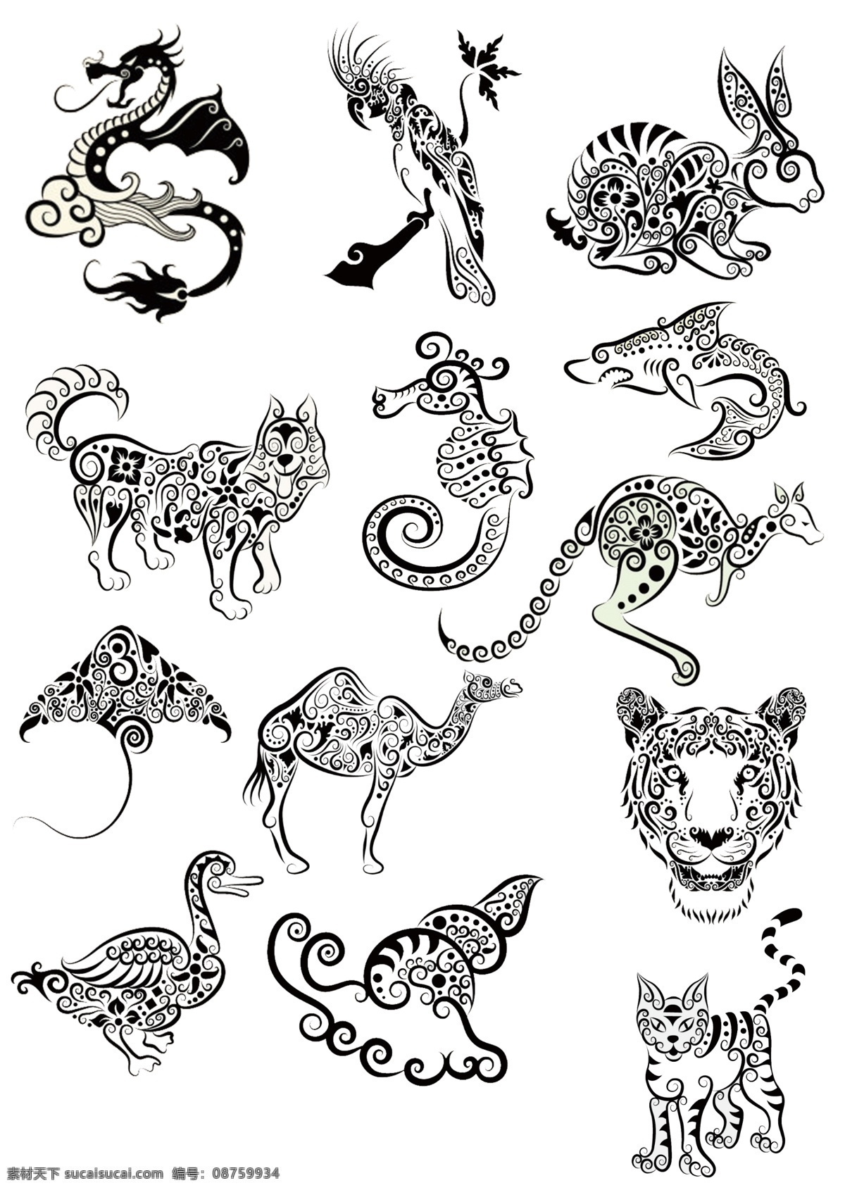 动物花纹素材 龙 鸟 海马 豹子 骆驼 猫 动物 花纹 图案 白色