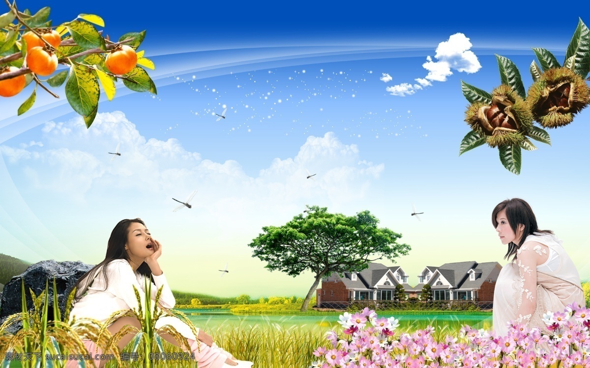 硕果飘香 蓝天 白云 人物 女人 美女 果实 柿子 板栗 稻谷 大树 房屋 花朵 花草 湖水 昆虫 蜻蜓 源文件库 psd源文件