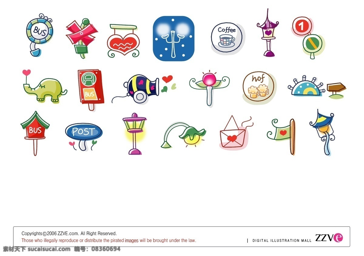 韩国 线条 风格 咖啡 路灯 bus 公交站牌 咖啡馆 邮箱 post 矢量图