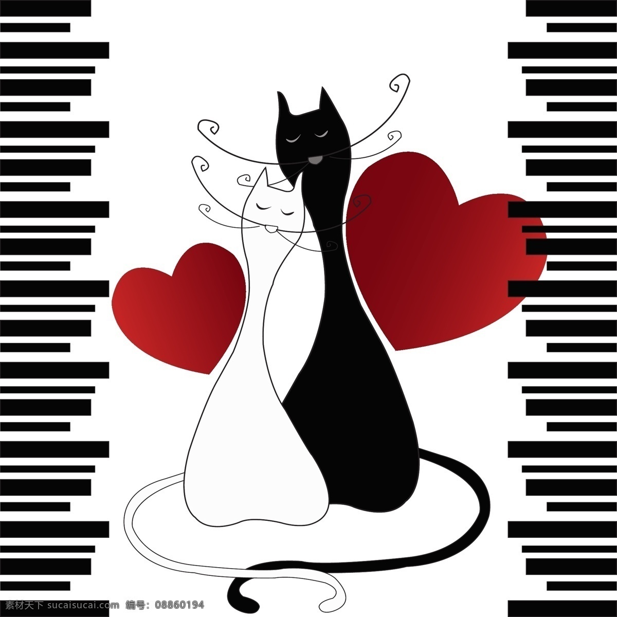 黑白猫咪情侣 黑猫 白猫 爱心 情侣 爱情 亲昵 情人 表情 动作 手绘 可爱 矢量 家禽家畜 生物世界