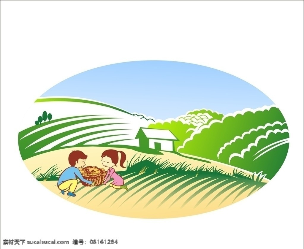 收获季节 收获 大山 儿童 麦田 森林 田野 草 篮子 果实 蘑菇 土豆 土特产 自然风景 自然景观 矢量