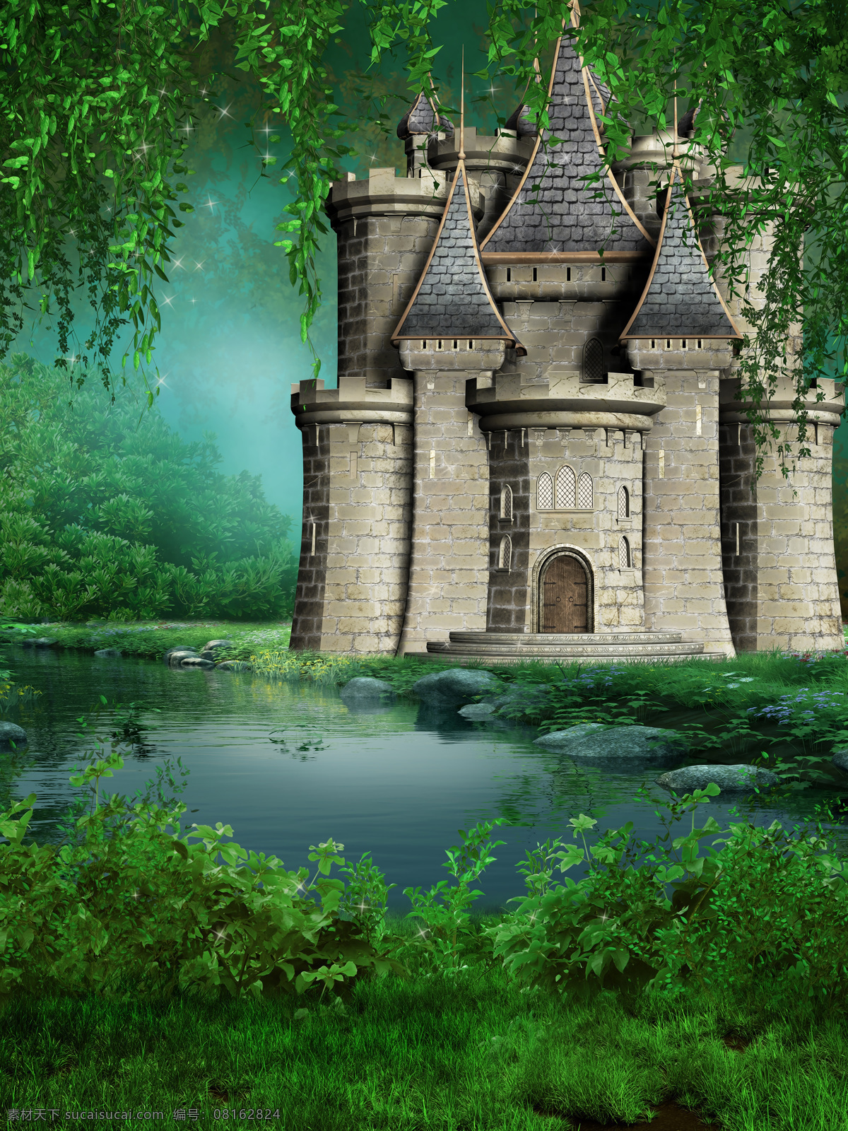 城堡 溪流 建筑 草地 美景 城堡图片 风景图片