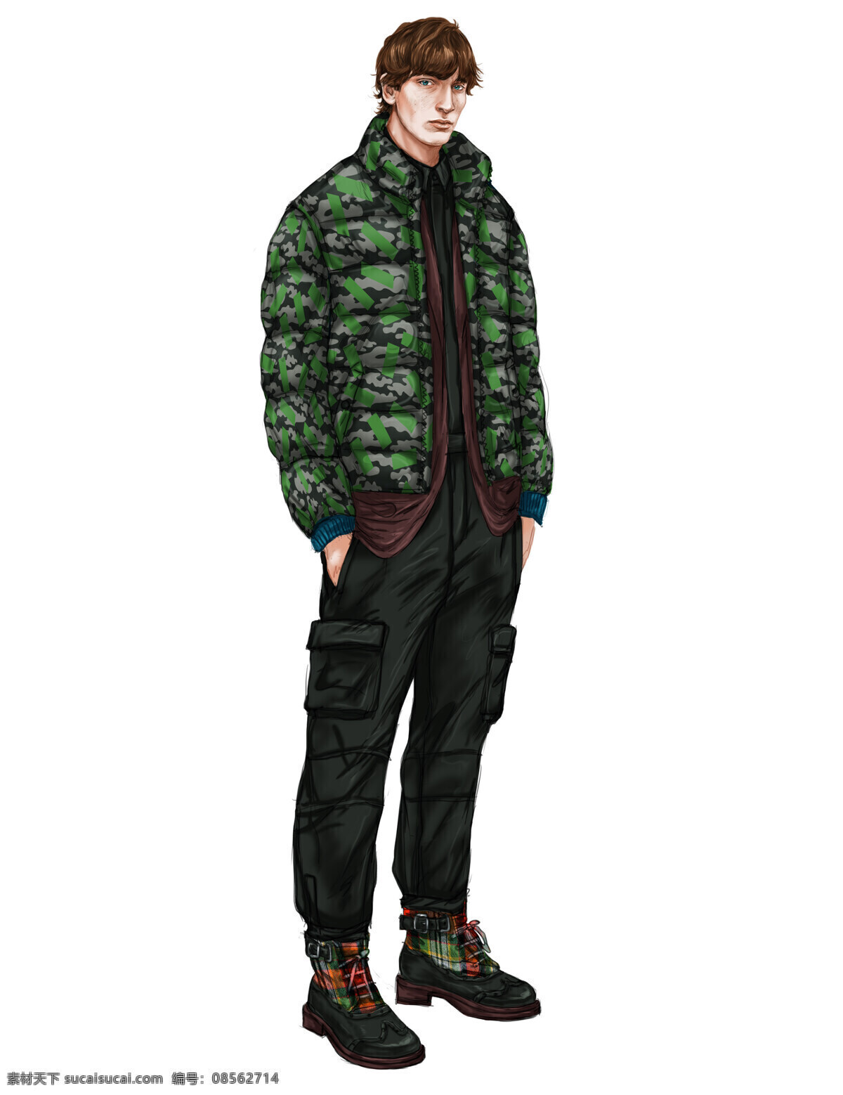 时尚 深绿色 花纹 棉衣 男装 效果图 服装设计 男装效果图 时尚男装
