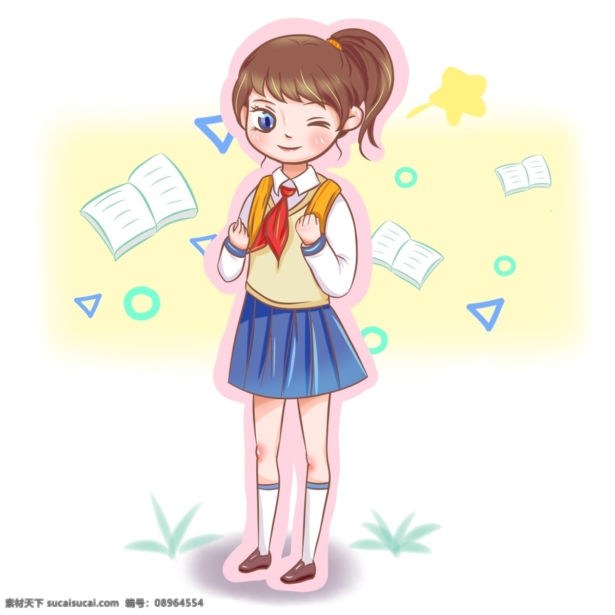 手绘 商用 手 账 可爱 卡通 人物 上学 学生 元素 书本 蓝色 女孩 小学生 红领巾 校服 黄色 眨眼 手账