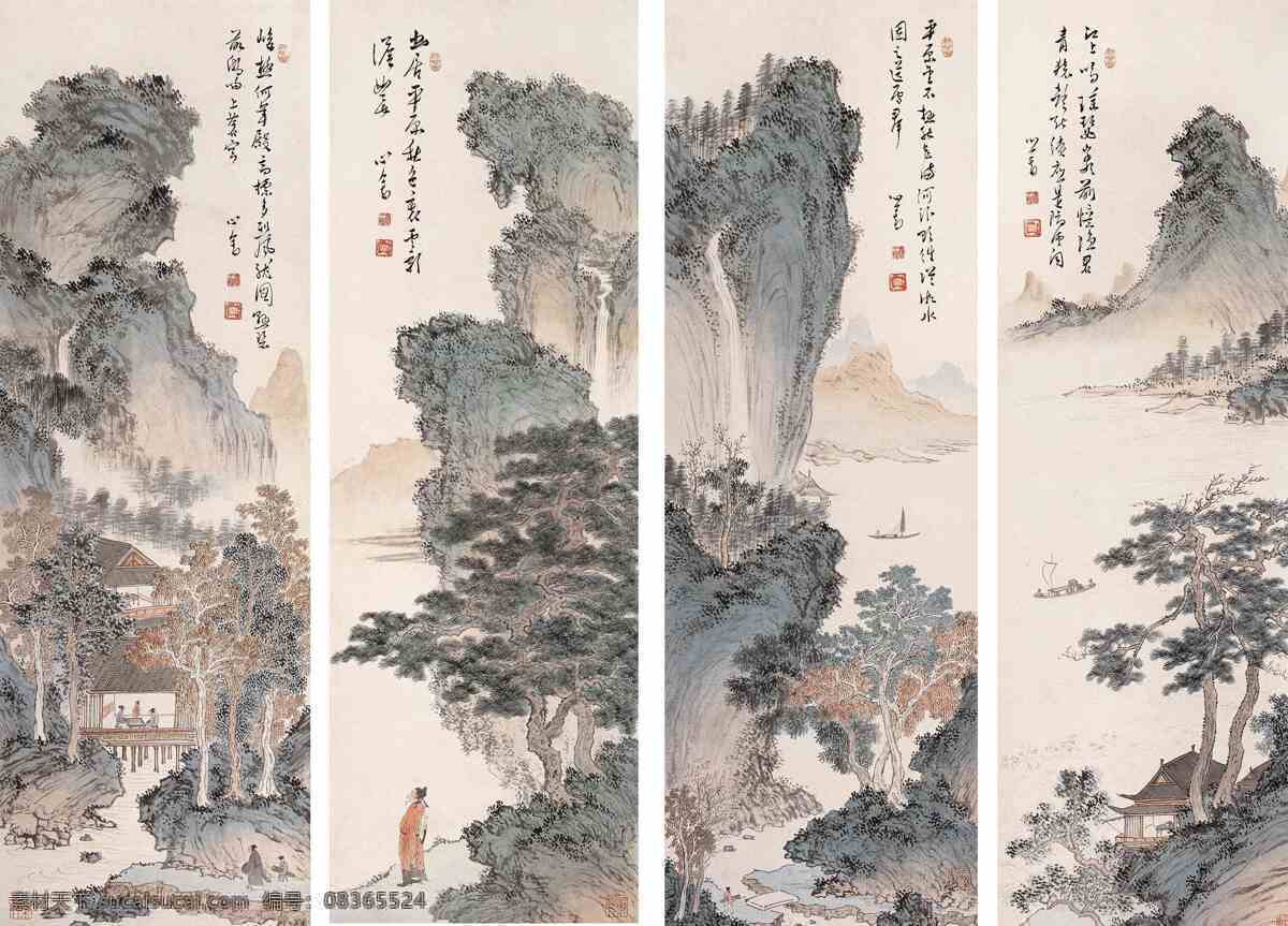 山水四屏图 溥濡作品 高山 民居 行人 高士 观景 渔船 中国古代画 中国古画 文化艺术 绘画书法